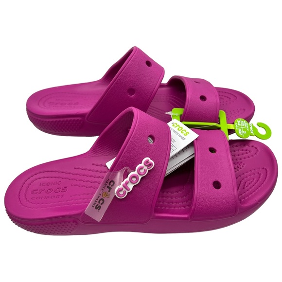 New CROCS Classic Two-Strap Slide Sandals Jibbitz Pink - Picture 3 of 4